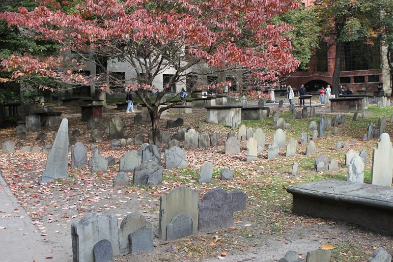 IMG_3417.jpg - The Granary Burying Ground, where headstones are ornamented with skeletons and winged skulls.  Buried here are: Samuel Adams, John Hancock, Benjamin Franklin's parents, and Paul Revere.