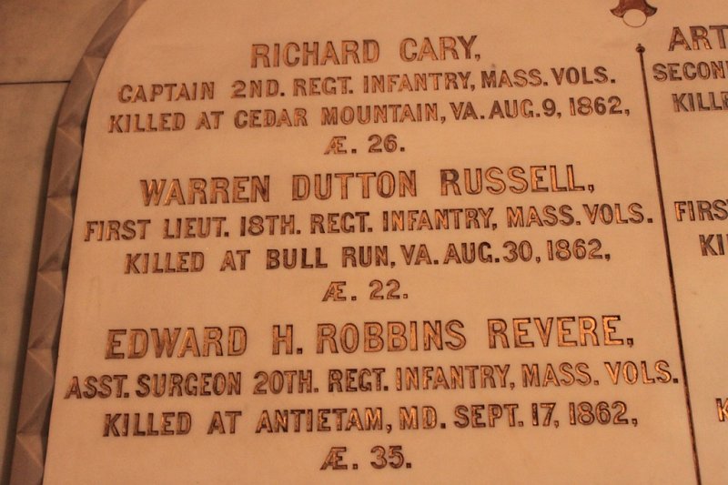 IMG_3420.jpg - Inside King's Chapel, a memorial to the fallen Union members from the Civil War.  I wonder if I'm related to Warren Dutton Russell?