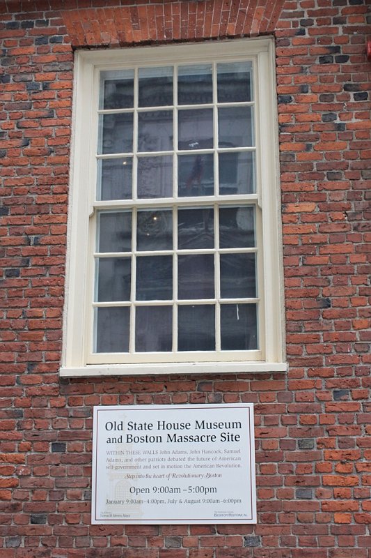 IMG_3426.jpg - On the evening of March 5, 1770 nine British regular soldiers fired in  panic upon a taunting mob of more than 75 Bostonians.  Five of the townsmen died.  All but two of the soldiers were acquitted, the others were branded on the hand for the crime of manslaughter.  Paul Revere captured the "massacre" in a dramatic engraving that soon became on of the Revolution's most potent images of propaganda.