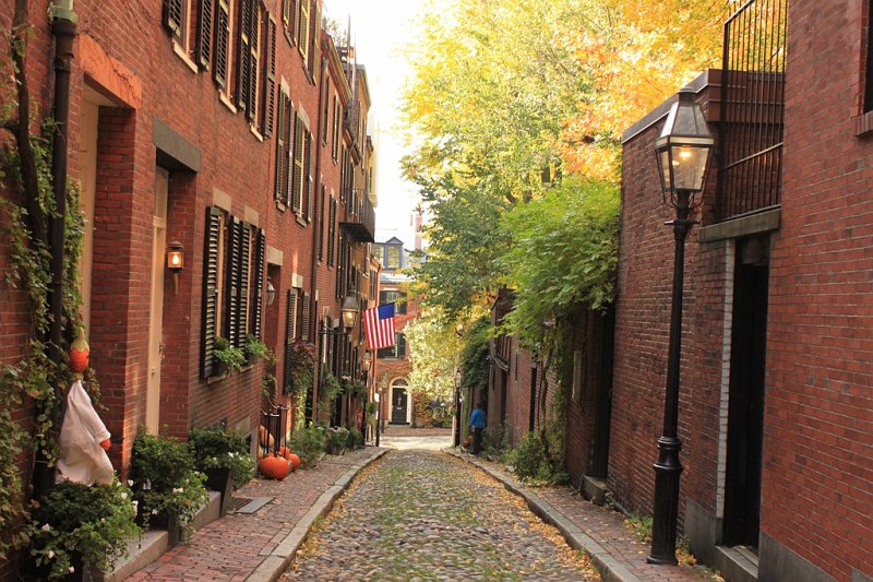 IMG_3647.jpg - Acorn Street-In the early 19th century many wealthy families built row-houses between an on the sites of once spacious estates. Servants and tradesmen who found jobs with these families lived conveniently nearby in the smaller versions of the big, Chestnut Street mansions. Nearby Branch Street was known as Kitchen Street in the early decades of teh 1800's, contained kitchens adjacent to the rear of Beacon and Chestnut Street homes.  On the left you see the entrances to the homes, which are now every bit as prestigious as those on Beacon or Chestnut and on the right you see doors to the hidden gardens of Mt. Vernon.