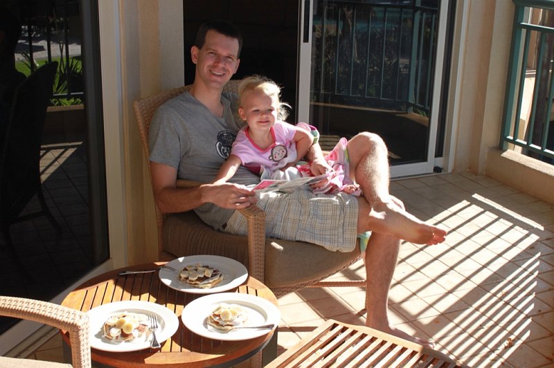 IMG_1421.JPG - Breakfast on the lanai -Banana Macadamia Nut pancakes with coconut syrup!